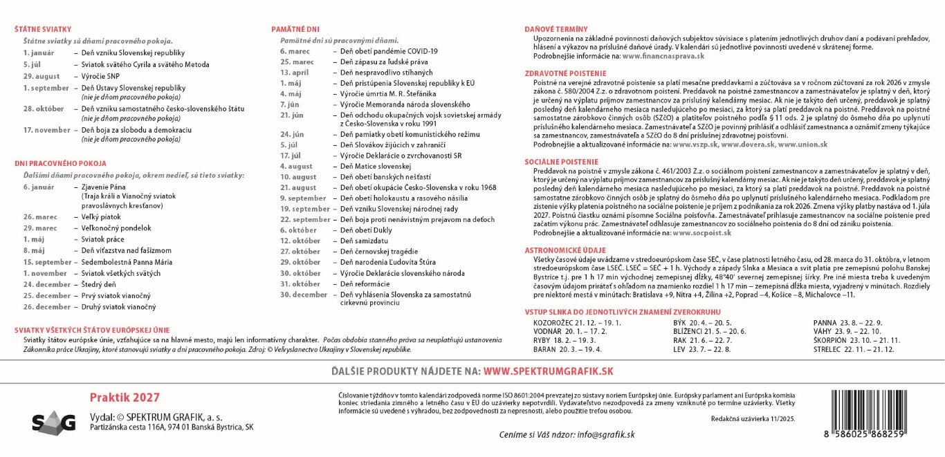 Stolový kalendár Praktik stĺpcový 2027 – Obrázok 4