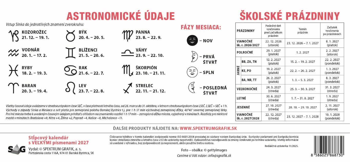 Stolový kalendár Stĺpcový s veľkými písmenami 2027 – Obrázok 6